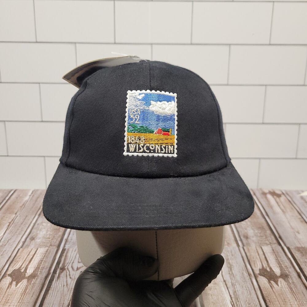Made USA Wisconsin Stamp Snapback Hat Postmark America USPS Black Cap